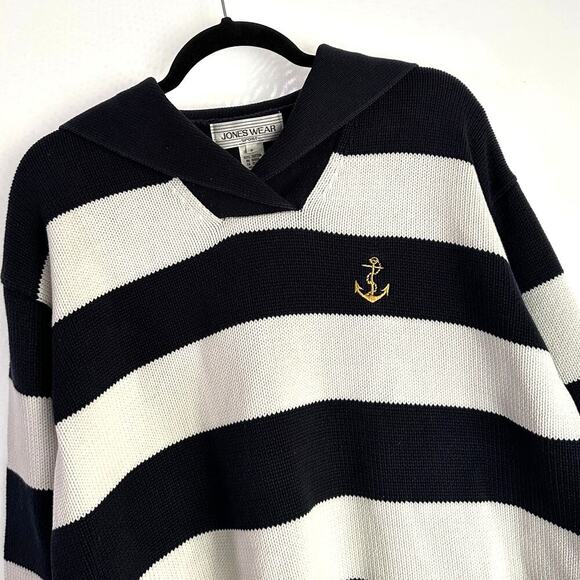 Vintage Jones Wear Cotton Nautical Anchor Navy White Stripe V-Neck‎ Knit Sweater - Picture 1 of 8